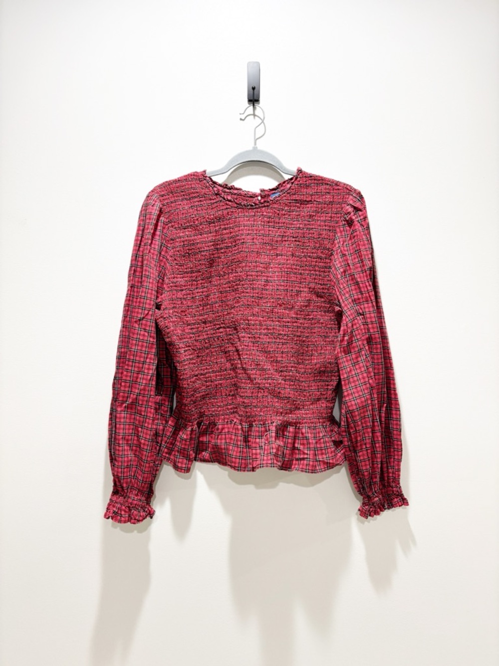 Old Navy Long Sleeve Red Plaid Smocked Peplum Blouse Holiday Size XL